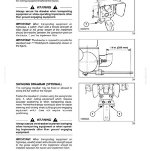 May include: A technical manual page titled Section 2 - Operation, detailing fixed/clevis and swinging drawbar tractor components. It includes black and white line drawings, safety warnings, and a diagram showing a 14 inch measurement for equipment.