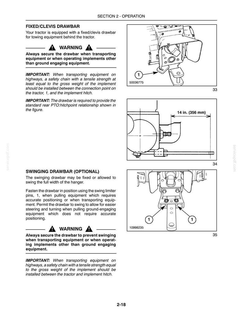 May include: A technical manual page titled Section 2 - Operation, detailing fixed/clevis and swinging drawbar tractor components. It includes black and white line drawings, safety warnings, and a diagram showing a 14 inch measurement for equipment.