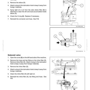 May include: Diagram of a machine maintenance guide, with instructions for pilot and solenoid valve procedures. Includes numbered steps and illustrations of components like elbows, filters, and O-rings. Text includes "7 - MAINTENANCE".