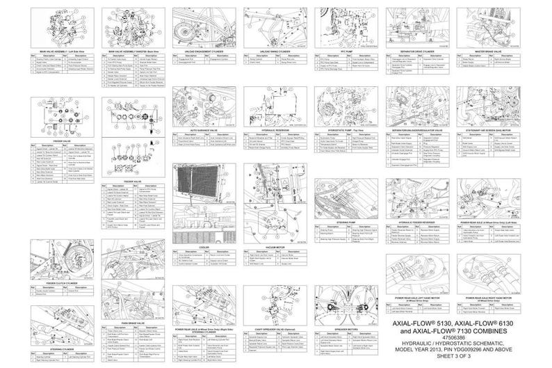 May include: A detailed schematic diagram of the Axial-Flow 5130, 6130, and 7130 combines. The black and white technical drawings show various mechanical components with labels. The text at the bottom reads "HYDRAULIC / HYDROSTATIC SCHEMATIC MODEL YEAR 2013".