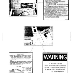 May include: A technical manual page featuring black and white diagrams of heavy machinery components, including hydraulic systems, alongside text boxes labeled PRECAUTIONS, CAUTIONS, and WARNING, providing safety instructions for equipment maintenance.