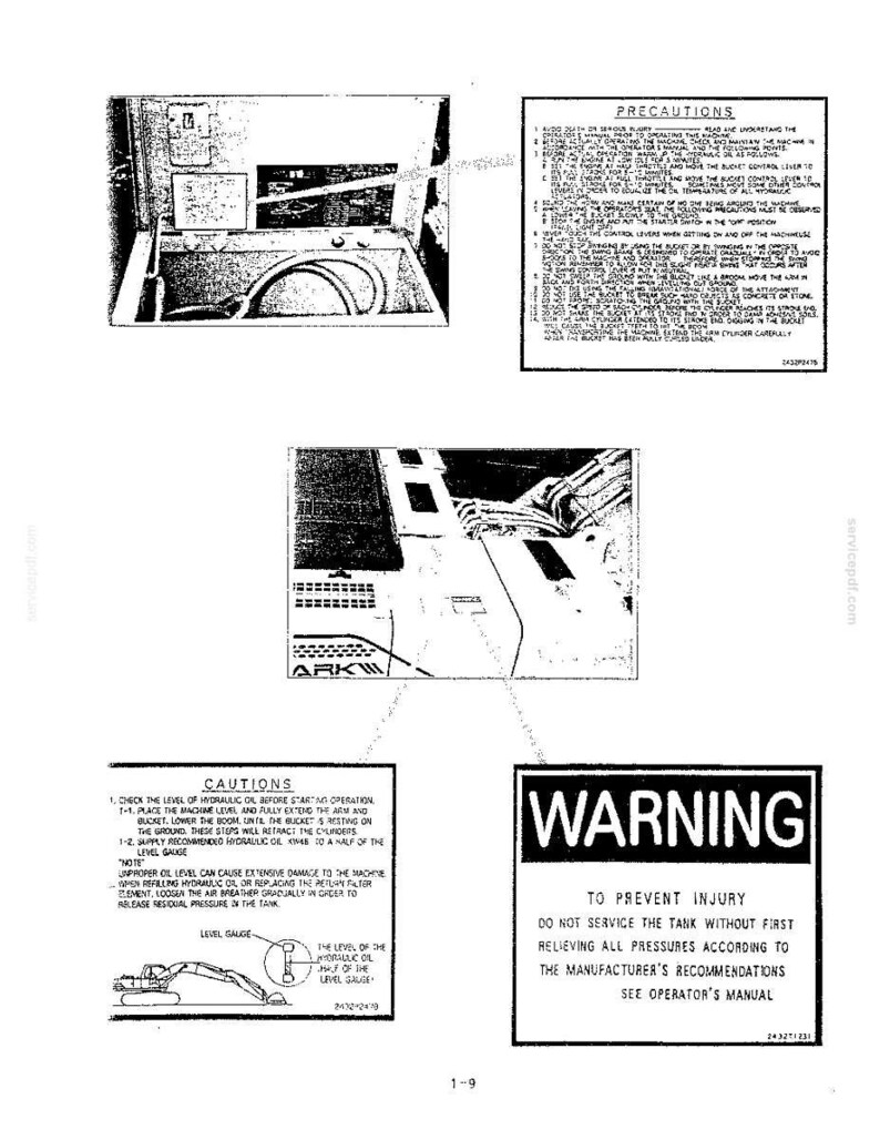 May include: A technical manual page featuring black and white diagrams of heavy machinery components, including hydraulic systems, alongside text boxes labeled PRECAUTIONS, CAUTIONS, and WARNING, providing safety instructions for equipment maintenance.