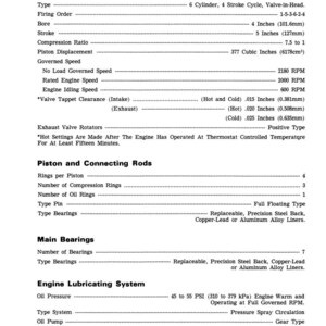 May include: A detailed technical specification sheet for a tractor engine, featuring information on type, firing order, bore (4 inches), stroke (5 inches), and engine speed. Includes data on piston and connecting rods, main bearings, and the engine lubricating system.