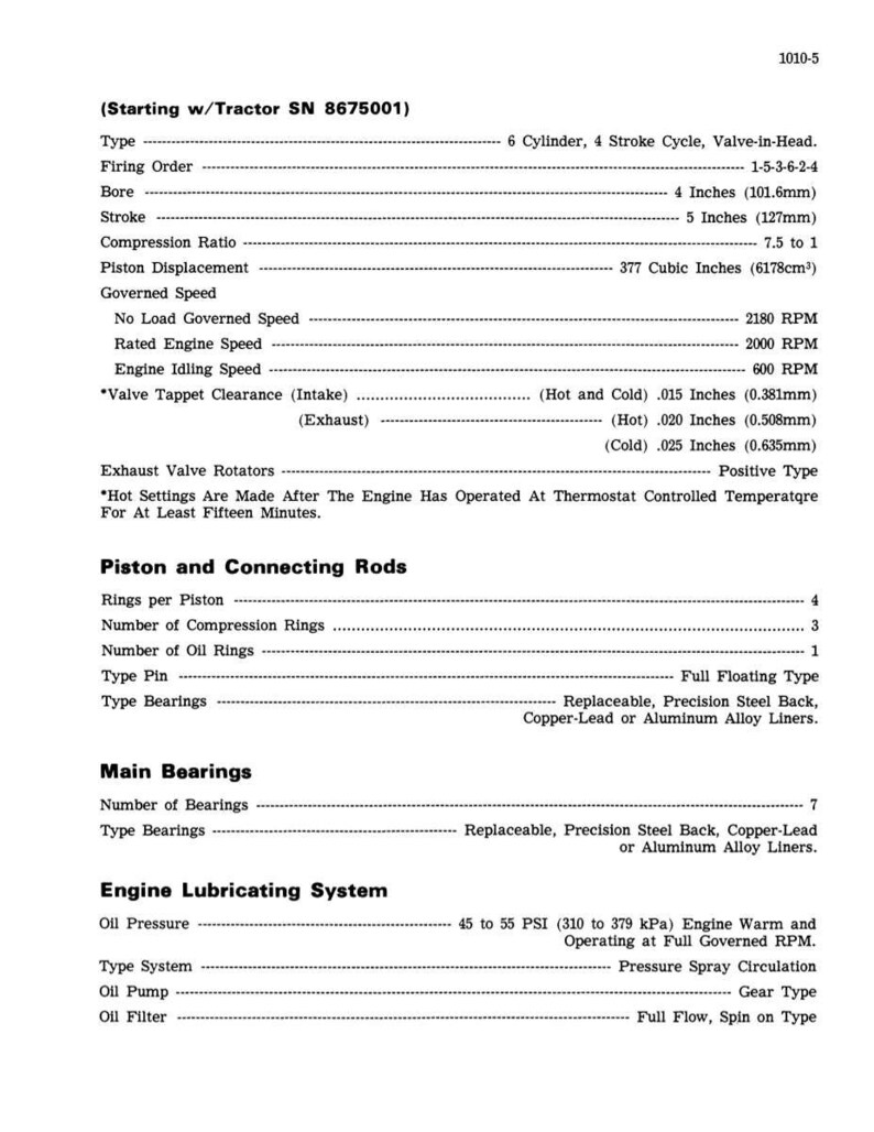 May include: A detailed technical specification sheet for a tractor engine, featuring information on type, firing order, bore (4 inches), stroke (5 inches), and engine speed. Includes data on piston and connecting rods, main bearings, and the engine lubricating system.