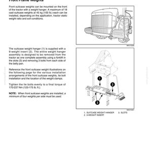 May include: A technical manual page titled Front and Rear Suitcase Weights, featuring a diagram of a tractor front frame weight hanger assembly with numbered components 1, 2, and 3, including text instructions for installation and torque specifications.