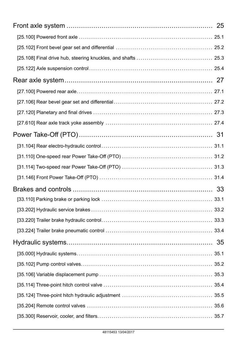 Op de afbeelding: Een technisch document op een witte achtergrond, met een lijst van mechanische systemen. Het bevat voor- en achterassystemen, aftakas, remmen, bedieningselementen en hydraulische systemen. Het document is gedateerd 13 april 2017.