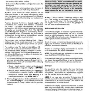 Puede incluir: P&aacute;gina de un manual de mantenimiento con informaci&oacute;n sobre biodi&eacute;sel. Incluye instrucciones sobre la calidad del combustible, el almacenamiento y los intervalos de mantenimiento. El texto contiene advertencias y directrices para el cuidado del motor.