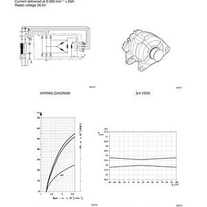 May include: Diagram of a Bosch NCBI 28 V 35-70 A three-phase claw-type rotor, 11-diode rectifier and electronic voltage regulator. Includes wiring diagram, 3/4 view, and characteristic curves of current delivery and voltage regulator.