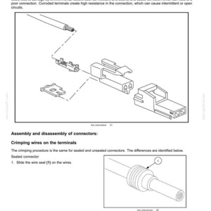 May include: Diagram of electrical connectors and wiring, with labels and arrows. The image shows various connector types and the process of crimping wires onto terminals. Text includes "Unsealed connectors" and "Assembly and disassembly of connectors".