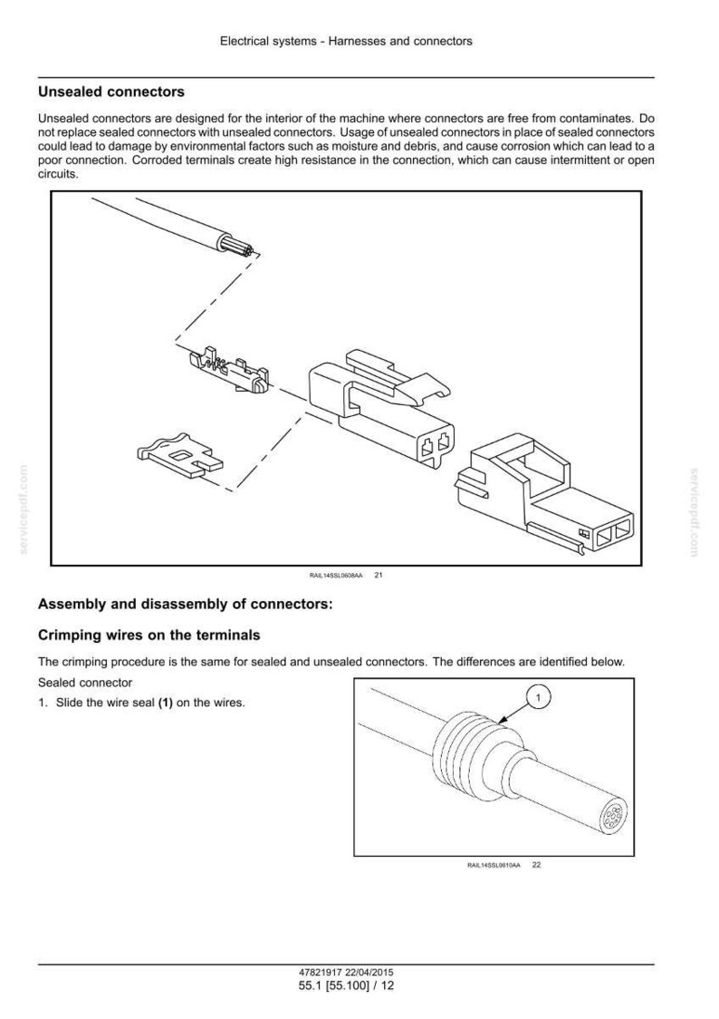 May include: Diagram of electrical connectors and wiring, with labels and arrows. The image shows various connector types and the process of crimping wires onto terminals. Text includes "Unsealed connectors" and "Assembly and disassembly of connectors".