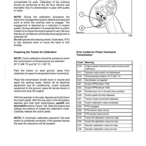 May include: A technical manual page titled Section 4 - Lubrication and Maintenance, detailing Power Command transmission clutch calibration procedures, safety notes, and a table of error codes ranging from U16 to U78 with their specific meanings.