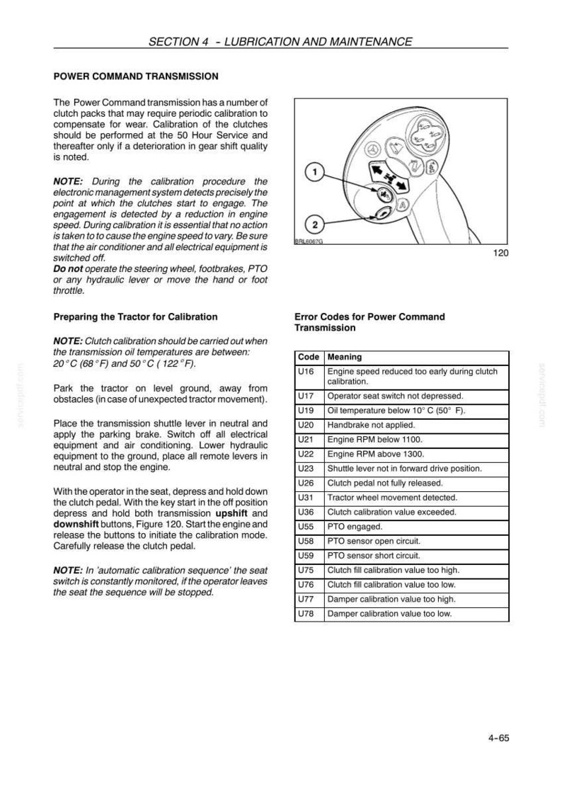 May include: A technical manual page titled Section 4 - Lubrication and Maintenance, detailing Power Command transmission clutch calibration procedures, safety notes, and a table of error codes ranging from U16 to U78 with their specific meanings.