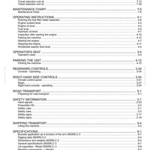 May include: A black and white table of contents page from a technical manual for the 260SRLC-3 machine. The text lists sections including Maintenance Chart, Operating Instructions, Operator's Seat, Rearward Controls, and Safety Information.