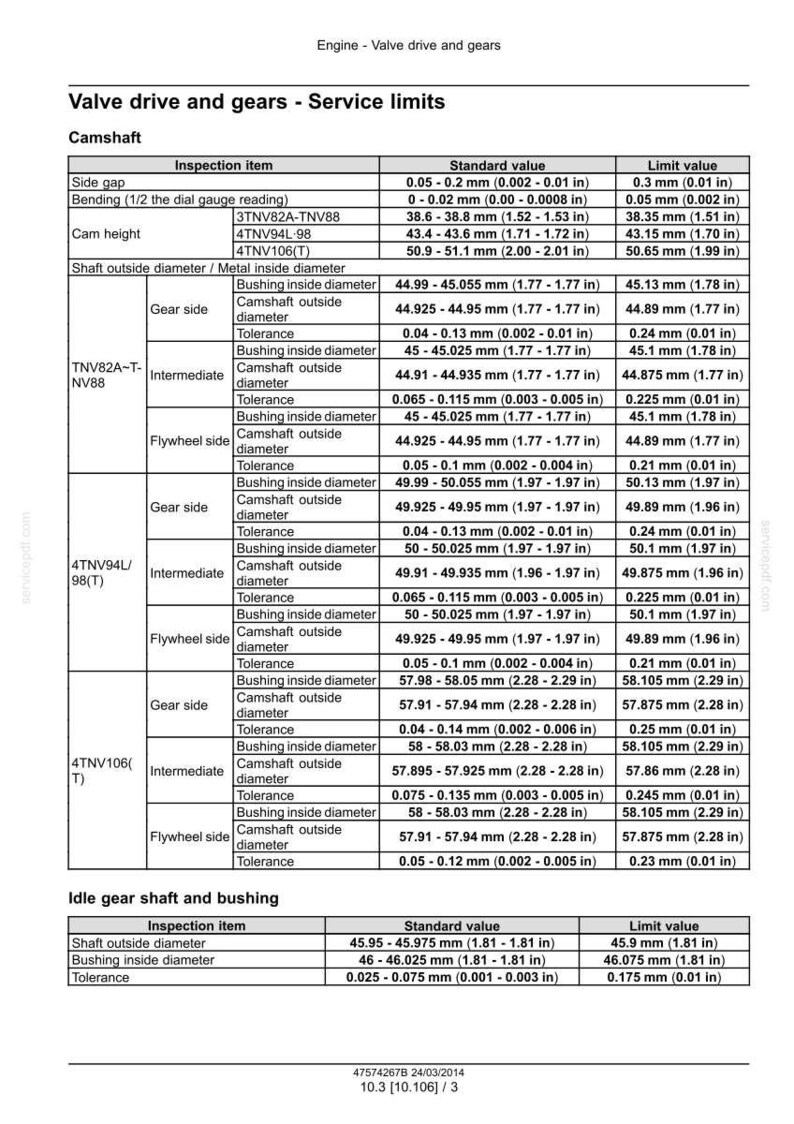 Puede incluir: Un diagrama t&eacute;cnico detallado con especificaciones para la transmisi&oacute;n de v&aacute;lvulas y engranajes, incluyendo mediciones del &aacute;rbol de levas. La tabla proporciona valores est&aacute;ndar y l&iacute;mite en mm y pulgadas.
