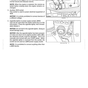 May include: Diagram of a right-hand console with labeled components. Features include a storage tray, horn volume control, a 12 V socket, and a cigarette lighter or 24 V power supply socket. Text provides operational notes and warnings.