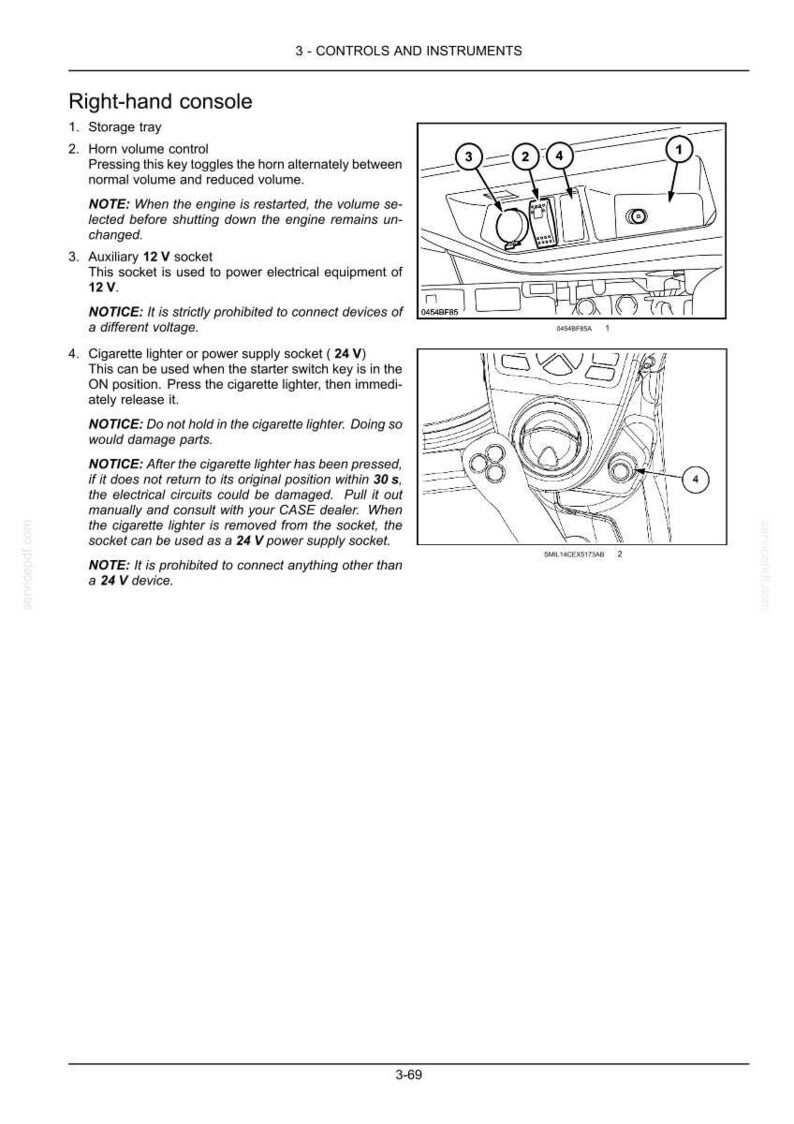 May include: Diagram of a right-hand console with labeled components. Features include a storage tray, horn volume control, a 12 V socket, and a cigarette lighter or 24 V power supply socket. Text provides operational notes and warnings.