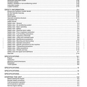 May include: A detailed table of contents from a manual, featuring sections on recovery transport, right-hand side controls, safety information, specifications, starting, and stopping the unit. The document is printed on white paper.