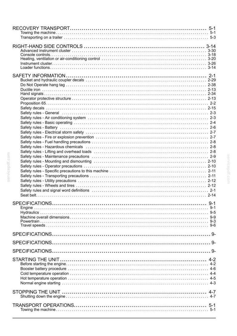 May include: A detailed table of contents from a manual, featuring sections on recovery transport, right-hand side controls, safety information, specifications, starting, and stopping the unit. The document is printed on white paper.