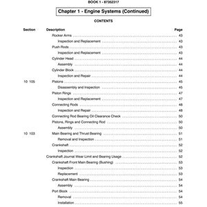 May include: A white page from a manual titled "SECTION 10 - ENGINE SYSTEMS." The table of contents lists engine components like rocker arms, pistons, and crankshafts. Page numbers are listed on the right. The book's number is 87352317.