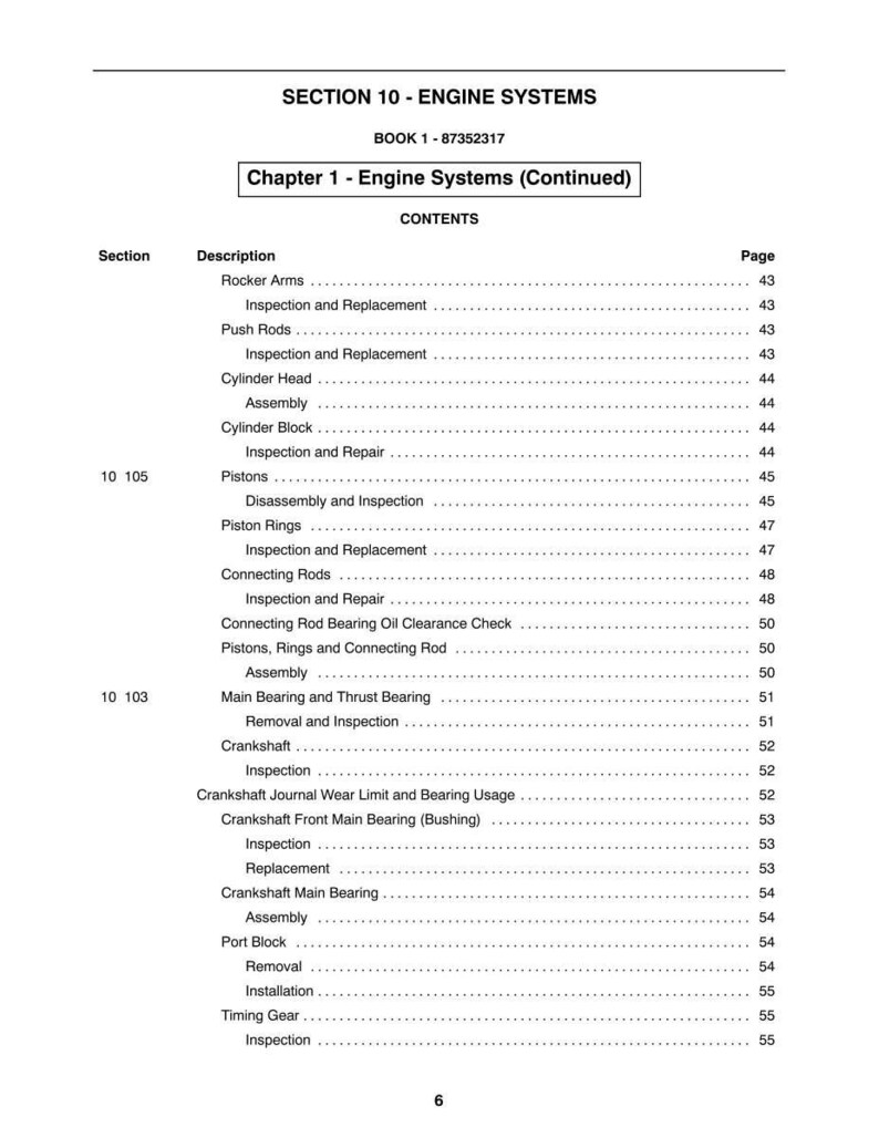 May include: A white page from a manual titled "SECTION 10 - ENGINE SYSTEMS." The table of contents lists engine components like rocker arms, pistons, and crankshafts. Page numbers are listed on the right. The book's number is 87352317.