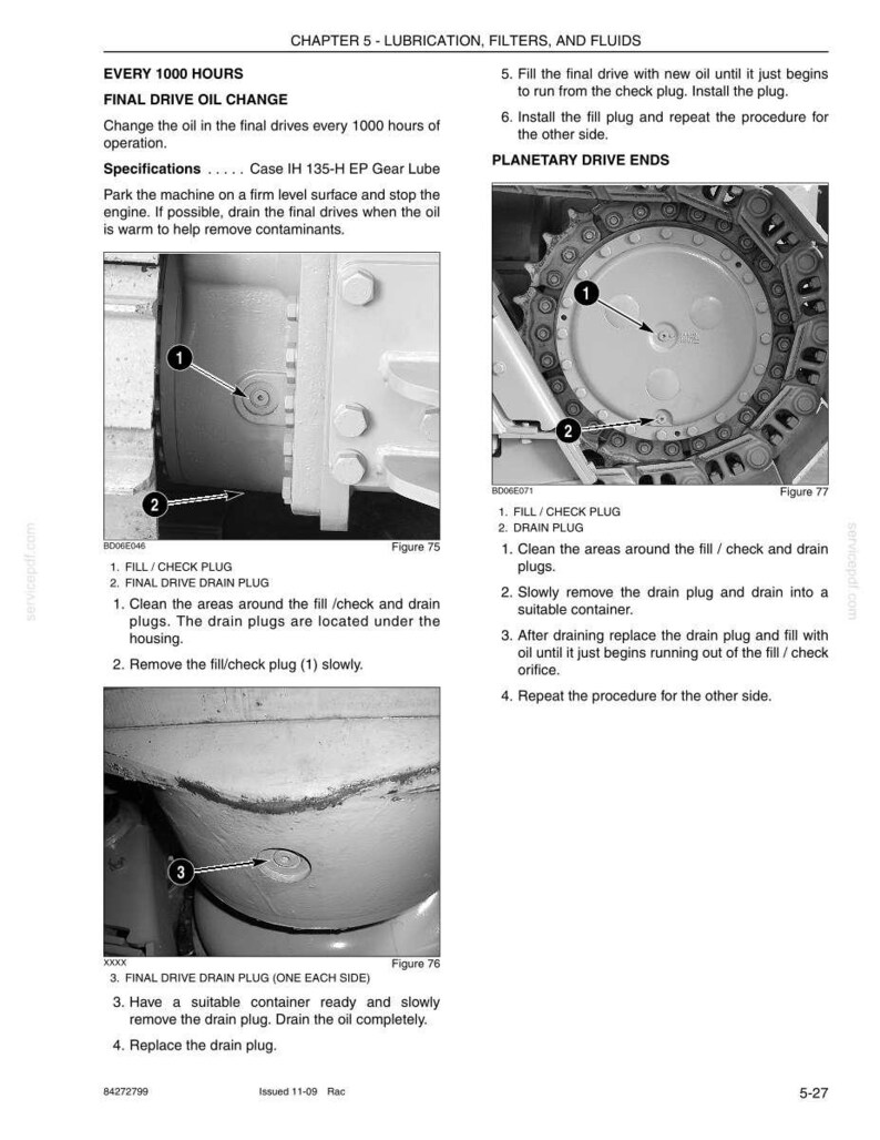 May include: Diagrams illustrating the final drive oil change procedure for a Case IH 135-H EP Gear Lube machine. The images show fill/check plugs, drain plugs, and planetary drive ends. Instructions include cleaning areas, removing plugs, and refilling with oil.