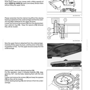May include: Diagram of a swing ring assembly, detailing steps for maintenance. Includes illustrations of an excavator, diagrams of bolts, screws, and a circular gear, with text instructions and part numbers for each step.