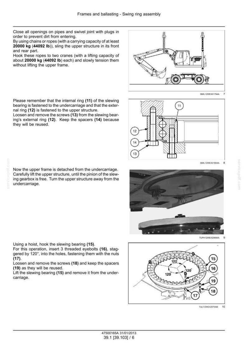 May include: Diagram of a swing ring assembly, detailing steps for maintenance. Includes illustrations of an excavator, diagrams of bolts, screws, and a circular gear, with text instructions and part numbers for each step.