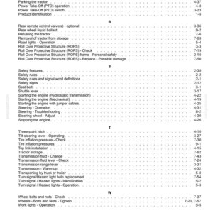 Pu&ograve; includere: Una pagina di indice in bianco e nero tratta da un manuale dell'operatore, che elenca argomenti tecnici in ordine alfabetico dalla O alla W. Il testo include intestazioni come filtro dell'olio, freno di stazionamento, presa di forza e sterzo.