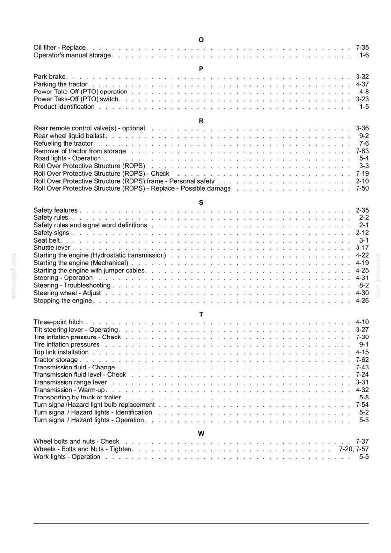 Pu&ograve; includere: Una pagina di indice in bianco e nero tratta da un manuale dell'operatore, che elenca argomenti tecnici in ordine alfabetico dalla O alla W. Il testo include intestazioni come filtro dell'olio, freno di stazionamento, presa di forza e sterzo.