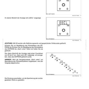 May include: A technical document page titled Elektrische Anlagen - Elektronikmodule featuring diagrams of a digital interface with U1 and H8 labels. It illustrates a menu selection process, the EECL display, and a countdown sequence from 05 to 01 ending in EE.
