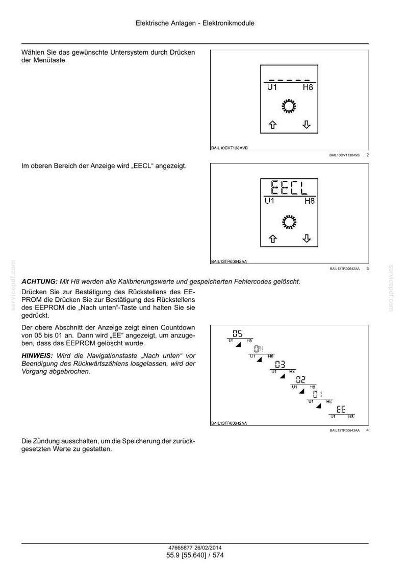 May include: A technical document page titled Elektrische Anlagen - Elektronikmodule featuring diagrams of a digital interface with U1 and H8 labels. It illustrates a menu selection process, the EECL display, and a countdown sequence from 05 to 01 ending in EE.