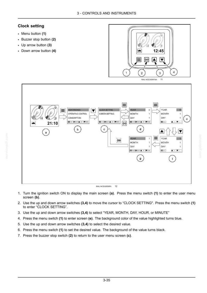 May include: Diagram of a vehicle's control panel with instructions for setting the clock. The image shows a digital display with buttons labeled 1-4, and a series of steps to adjust the time, including year, month, and day.