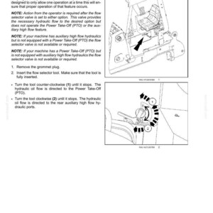 May include: A technical manual page titled 3-CONTROLS AND INSTRUMENTS featuring black and white line drawings of a flow selector valve on machinery. The diagrams show a tool inserted into the valve with arrows indicating counter-clockwise and clockwise rotation directions labeled 1 and 2 for hydraulic oil flow control.