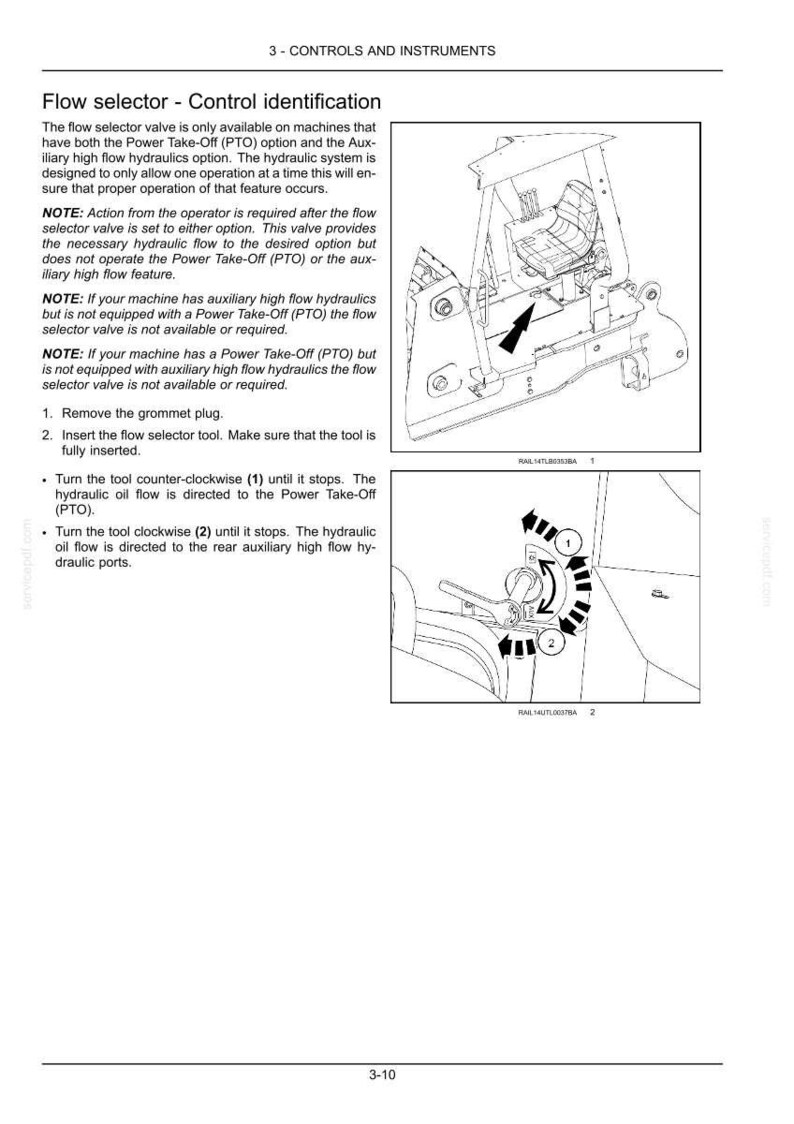 May include: A technical manual page titled 3-CONTROLS AND INSTRUMENTS featuring black and white line drawings of a flow selector valve on machinery. The diagrams show a tool inserted into the valve with arrows indicating counter-clockwise and clockwise rotation directions labeled 1 and 2 for hydraulic oil flow control.