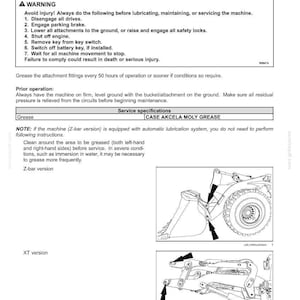 May include: Diagram of a machine's bucket and attachment fittings, with arrows indicating grease points. Text includes safety warnings and maintenance instructions for greasing the fittings every 50 hours. The image is a technical illustration.
