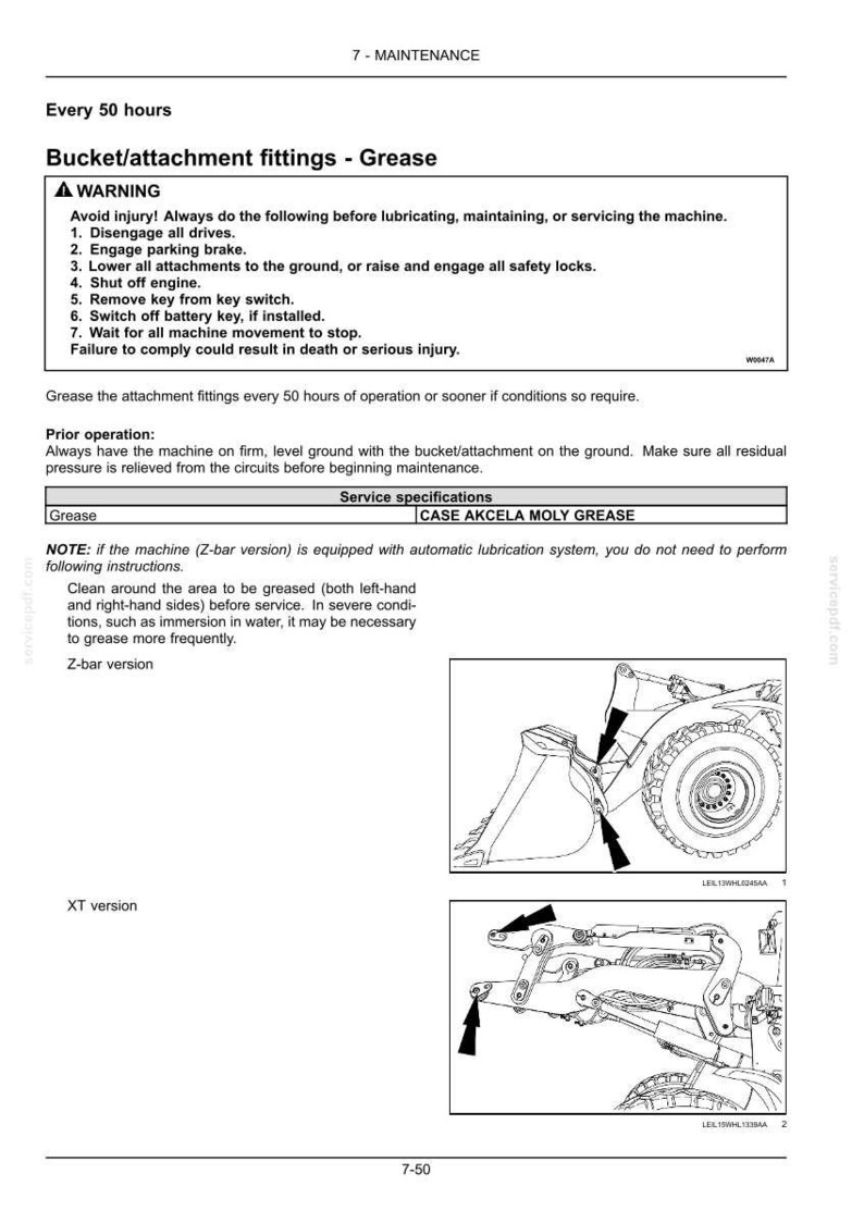 May include: Diagram of a machine's bucket and attachment fittings, with arrows indicating grease points. Text includes safety warnings and maintenance instructions for greasing the fittings every 50 hours. The image is a technical illustration.