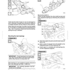May include: Diagrams and instructions for engine overhaul, including replacing oil pump drive gears, measuring journal play, and mounting main bearings. Includes figures 141, 142, 143, 144, and 145, with detailed steps and torque specifications.