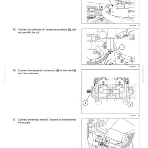 Puede incluir: Diagrama de los componentes de la bomba y el motor de accionamiento hidrost&aacute;tico. La imagen muestra ilustraciones detalladas con etiquetas e instrucciones para conectar mangueras, sensores y conectores el&eacute;ctricos. Los diagramas son en blanco y negro.