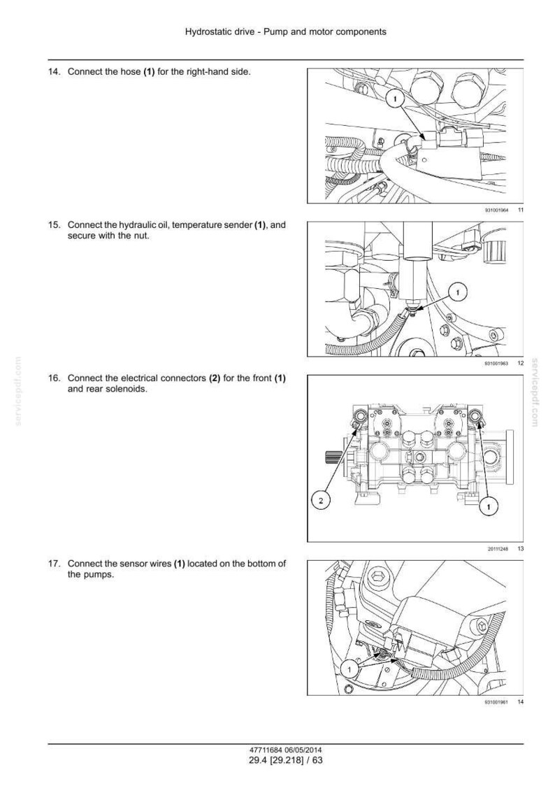 Puede incluir: Diagrama de los componentes de la bomba y el motor de accionamiento hidrost&aacute;tico. La imagen muestra ilustraciones detalladas con etiquetas e instrucciones para conectar mangueras, sensores y conectores el&eacute;ctricos. Los diagramas son en blanco y negro.