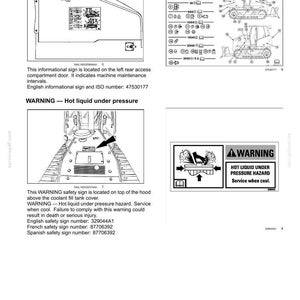 Puede incluir: P&aacute;gina de un manual con informaci&oacute;n de seguridad y diagramas. Incluye advertencias sobre l&iacute;quido caliente a presi&oacute;n e instrucciones de mantenimiento. Presenta ilustraciones de maquinaria.