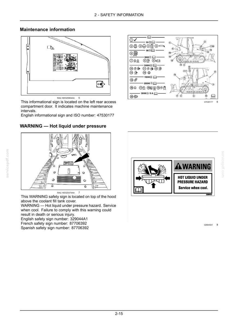 Puede incluir: P&aacute;gina de un manual con informaci&oacute;n de seguridad y diagramas. Incluye advertencias sobre l&iacute;quido caliente a presi&oacute;n e instrucciones de mantenimiento. Presenta ilustraciones de maquinaria.