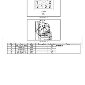May include: Diagram of electrical connectors, including CN.A21 and CN.A21F, with pin configurations and wire details. The image includes a table with pin numbers, wire descriptions, and color-size information. The text "YAZAKI SDL" is also visible.