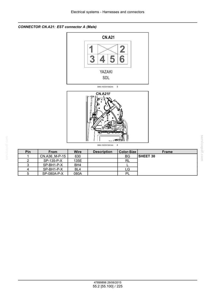 May include: Diagram of electrical connectors, including CN.A21 and CN.A21F, with pin configurations and wire details. The image includes a table with pin numbers, wire descriptions, and color-size information. The text "YAZAKI SDL" is also visible.