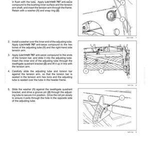 May include: Diagram showing the installation of a tension arm and torsion bar. The image features numbered steps with diagrams, detailing the placement of washers, snap rings, and pins. Text instructions are also provided.