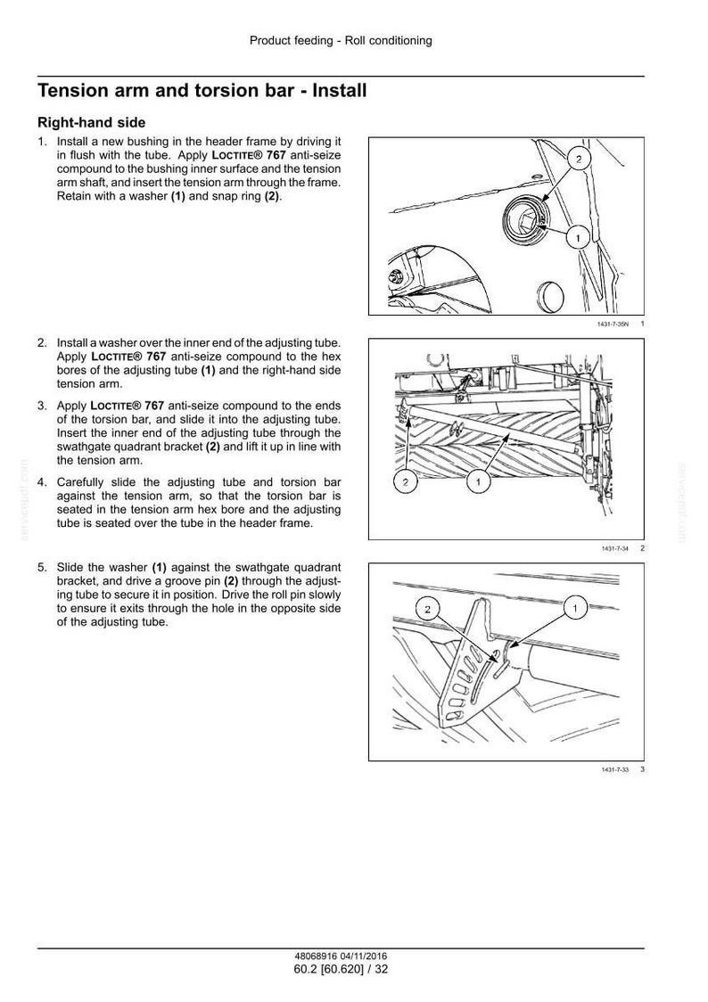May include: Diagram showing the installation of a tension arm and torsion bar. The image features numbered steps with diagrams, detailing the placement of washers, snap rings, and pins. Text instructions are also provided.