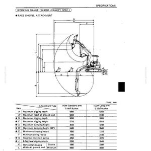 May include: A technical diagram showing the working range of an SK45SR excavator with a face shovel attachment. The image includes a side-view line drawing of the machine and a detailed table listing specifications in millimeters for two arm types.