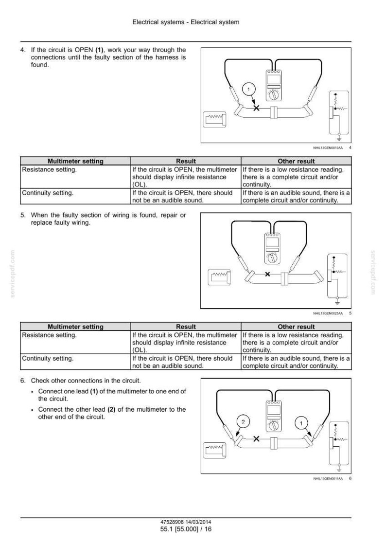 May include: Diagram illustrating electrical system troubleshooting with a multimeter. The image shows circuit diagrams, multimeter settings, and expected results for resistance and continuity tests. Text includes instructions for identifying and repairing faulty wiring.