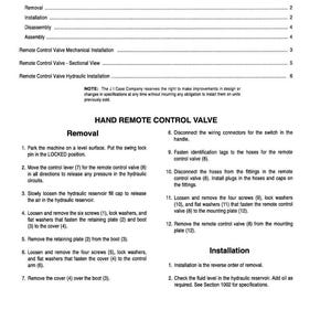 May include: A black and white manual page titled "Table of Contents" and "Hand Remote Control Valve." The page details removal, installation, disassembly, and assembly instructions. Includes diagrams and step-by-step procedures for mechanical and hydraulic installation.