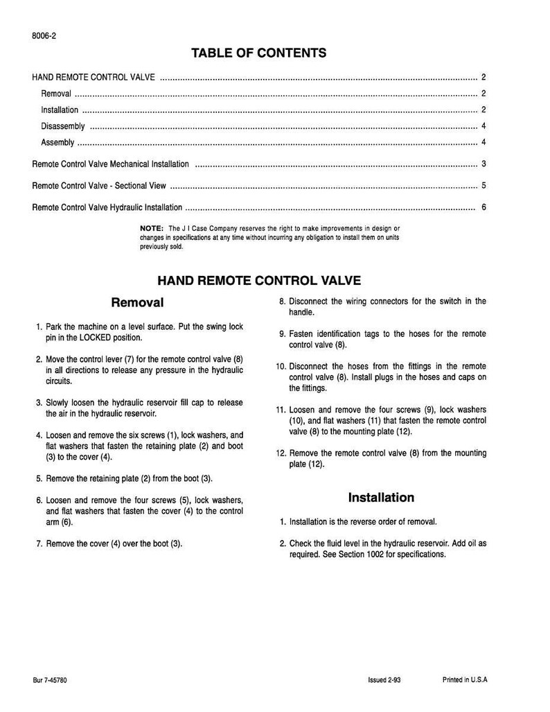 May include: A black and white manual page titled "Table of Contents" and "Hand Remote Control Valve." The page details removal, installation, disassembly, and assembly instructions. Includes diagrams and step-by-step procedures for mechanical and hydraulic installation.
