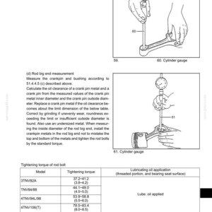 May include: Diagram of engine components with a cylinder gauge measuring a rod big end. The image includes a table with tightening torque specifications for rod bolts, and instructions for oil clearance measurement.